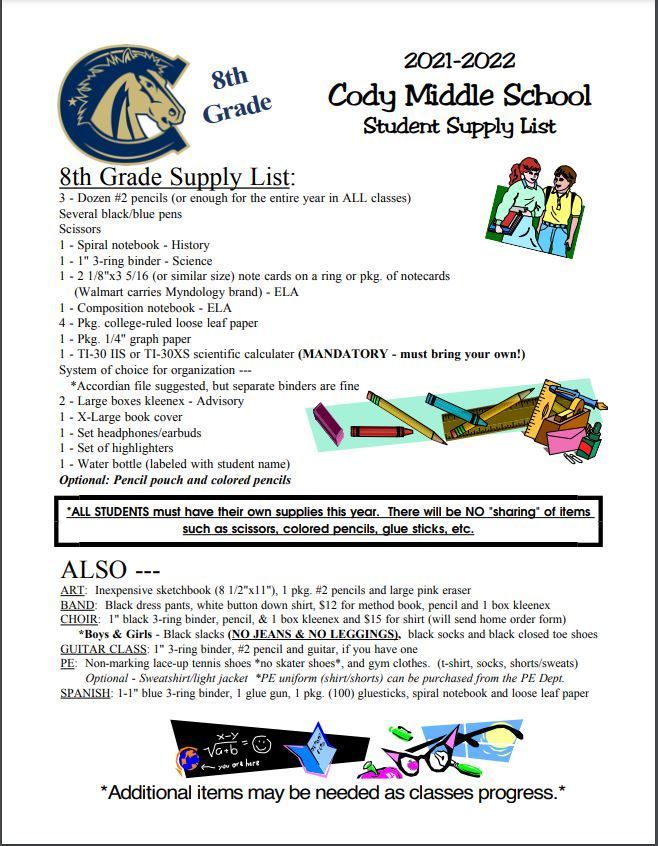 8th Grade Student Supply List - 2021/22