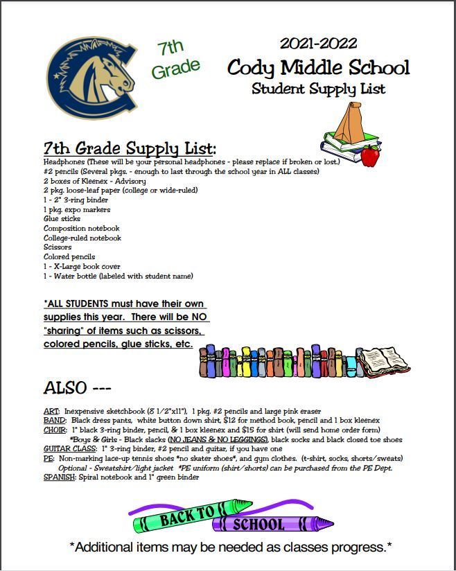 7th Grade Student Supply List- 2021/22