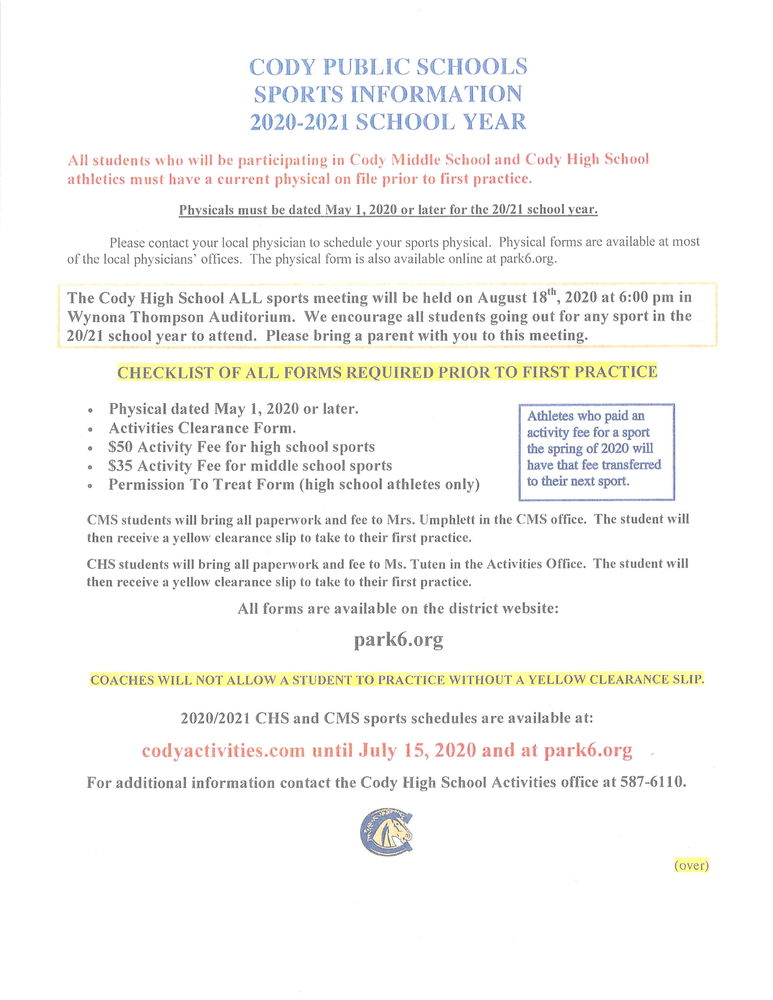 PCSD #6 Sports Information 2020-21