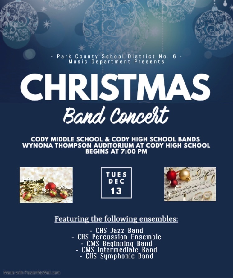Our Christmas Concert this Tuesday, 12/13 at 7pm. Come support these fine student musicians and hear the music of the season at Cody High School!  🎄🎶🎷⛄️🎺🎅🏻🥁🎹💞
